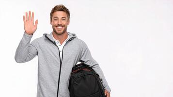 A man in a grey jacket and black backpack waving photo