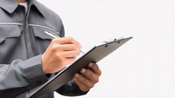 A man in a gray shirt is writing on a clipboard photo