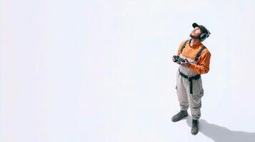 A man in an orange shirt and hat is holding a remote control photo