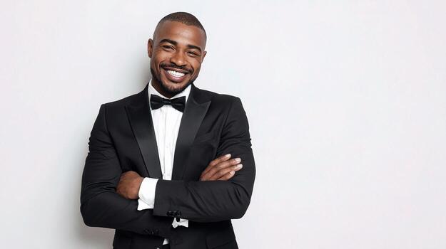 A man in a tuxedo posing for the camera photo