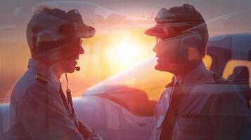Two pilots talking in front of a plane photo