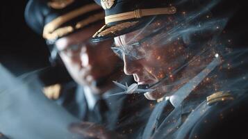 Two pilots in uniform looking at a paper photo