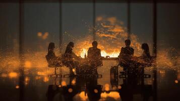 Business people sitting at a table in a dark room photo