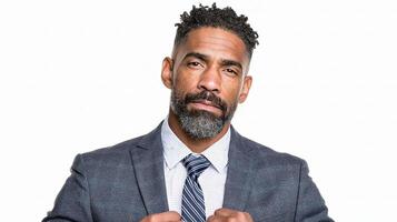 A man with a beard and a suit is making a fist photo