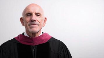 A bald man in a graduation robe and mortarboard photo