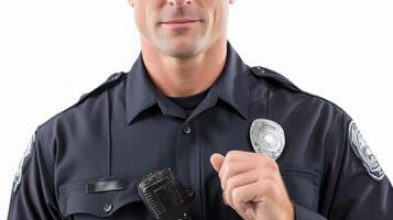 A police officer is holding a microphone photo
