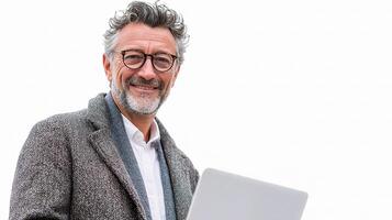 A man with glasses and a gray coat is holding a laptop photo