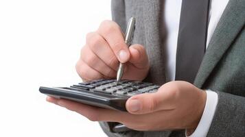 A man in a suit holding a calculator and pen photo
