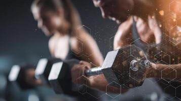 A man and woman are lifting weights in a gym photo