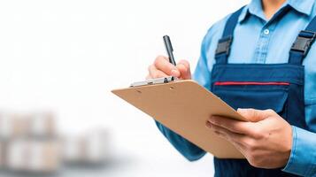A man in overalls holding a clipboard and pen photo