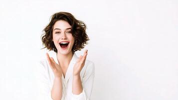 A woman with her hands up and a surprised look on her face photo