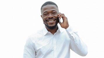 A man in a white shirt talking on a cell phone photo