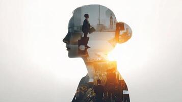 Double exposure of a woman with a suitcase and a cityscape photo