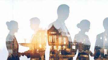 Business people silhouettes in front of city skyline photo