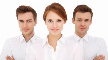 Three business people standing in front of a white background photo