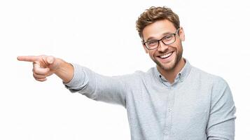 A man with glasses pointing at something photo