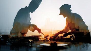 Two chefs preparing food in a kitchen photo