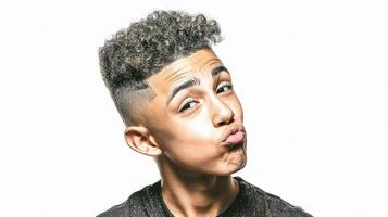 A young man with a shaved head making a funny face photo