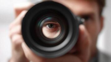 A man is holding a camera and looking through the lens photo