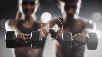 Two people holding dumbbells in front of a blurred background photo