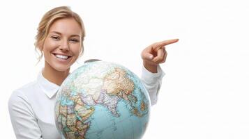 A woman pointing at a globe with her finger photo