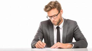 A man in a suit and glasses is writing on a piece of paper photo