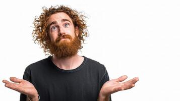 A man with a beard and a red hair is holding his hands up photo