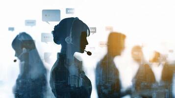 Silhouettes of people with headsets and speech bubbles photo