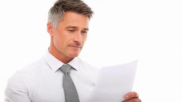 A man in a shirt and tie is reading a piece of paper photo
