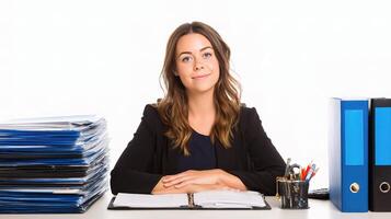 A woman in a business suit sitting at a desk with a stack of papers photo