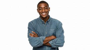 A young man is smiling and wearing a denim shirt photo