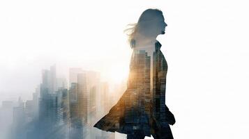Double exposure of woman walking in city with cityscape background photo