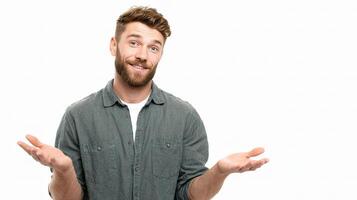 A man with a beard and shirt is holding something photo
