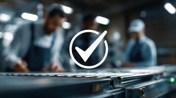 A check mark on a conveyor belt with people working photo