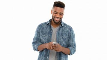 A smiling man holding a cell phone photo