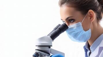 A woman in a lab coat is looking through a microscope photo