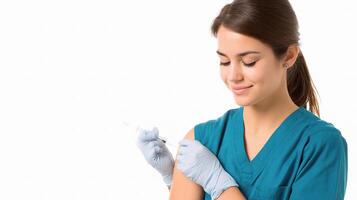 A woman in a blue scrub suit is holding an injection photo