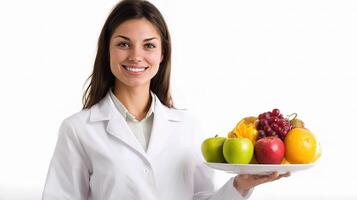 A woman in a lab coat holding a plate with fruit photo