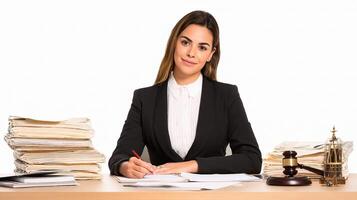 A woman in a suit sitting at a desk with a pen and papers photo