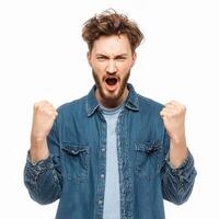 A man with a beard and shirt is making a fist photo