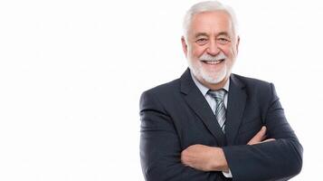 A man with a white beard and a suit is smiling photo