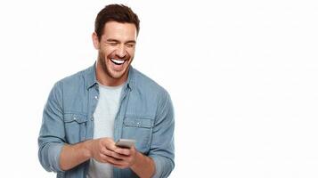 A man is smiling while holding a cell phone photo
