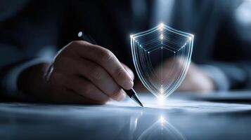 Businessman writing on paper with a pen and shield symbol photo