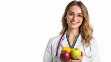 A woman in a white coat holding apples and oranges photo