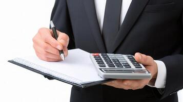 A man in a suit holding a pen and a calculator photo
