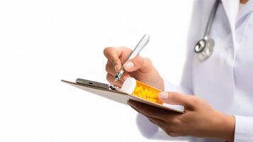 A doctor is writing on a clipboard with a pen photo
