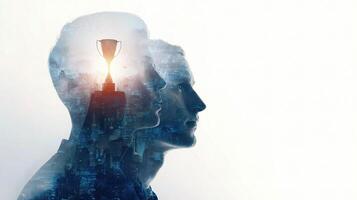 The double image of a man's head with a trophy in it photo