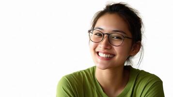 A woman wearing glasses smiles while sitting photo