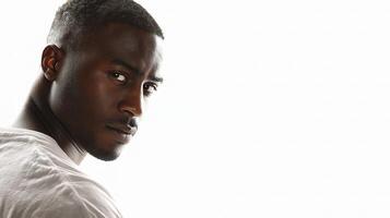 A man in a white t - shirt is looking at the camera photo
