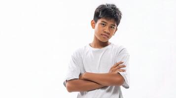 A young boy with his arms crossed standing in front of a white background photo